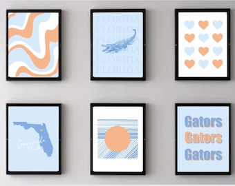 Väggkonst från University of Florida | Pastellfärgade alligatortryck | Dekor i studenthemmet från University of Florida | 6 digitala affischer för nedladdning | Konstverk från Gainesville, Florida | 3300x4200px