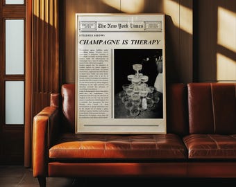 Trendy Newspaper Print, Champagne Poster, New York Times Wall Art, Vintage Bar Cart Poster, Living Room Decor, Retro Girl Dorm Room Decor