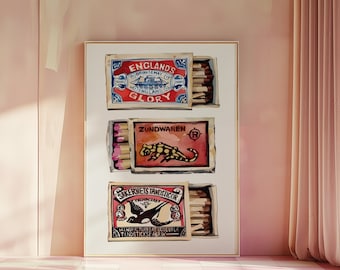 Vintage Matchbox-tryck, trendig tändsticksask-affisch, retro tändsticksask-väggkonst, estetiskt tryck med barvagn för lägenhet, Y2K-vardagsrumsaffisch