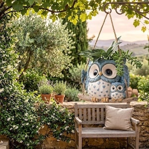 May include: A blue owl-shaped planter with a smaller owl attached, hanging from a decorative bracket. The planter is filled with greenery and sits above a wooden bench with a beige pillow. The background features a stone wall and lush garden.