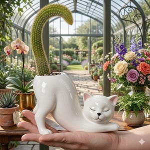 May include: A white ceramic cat-shaped planter holding a cactus. The cat is in a stretching pose with its eyes closed. The cactus is green and has a curved shape. Other plants and flowers are in the background.