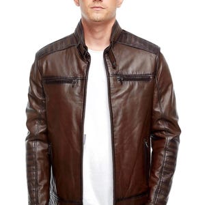 Men’s 100% Real Brown Leather Blackout Fashion Jacket – Stylish Slim Fit Biker Cafe Racer Motorcycle Jacket with Quilted Detailing