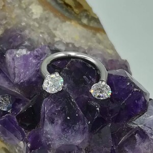 May include: A silver horseshoe-shaped body piercing with two clear round gemstones on each end.