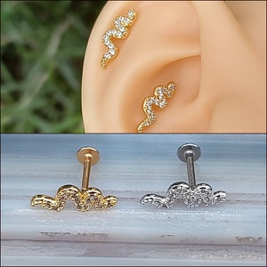 Tragus/Helix/Conch Snake Earring Cartilage Earring Flat back Earring 16 Gauge 316L Surgical Steel Cubic Zirconia Conch/Helix Piercing