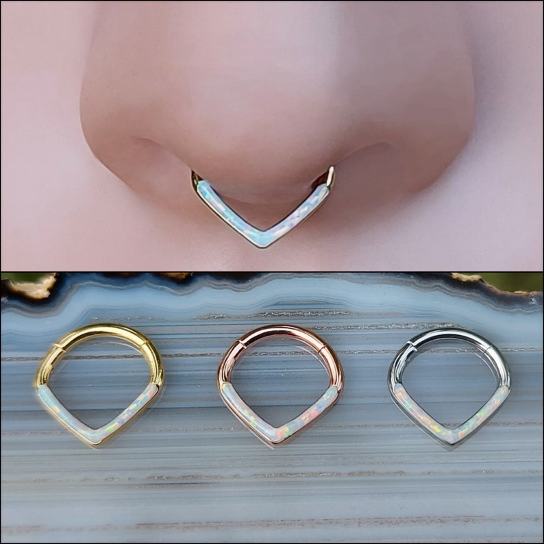 Opal Septum Ring Clicker 'V' Shape - Septum Hoop - Septum Piercing - Septum Jewelry -16 Gauge Surgical Steel - Conch Ring 