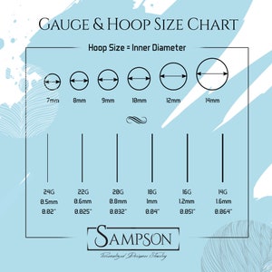 May include: A chart showing different hoop sizes for earrings, with measurements in millimeters and gauge sizes. The chart is on a light blue background with a white design.