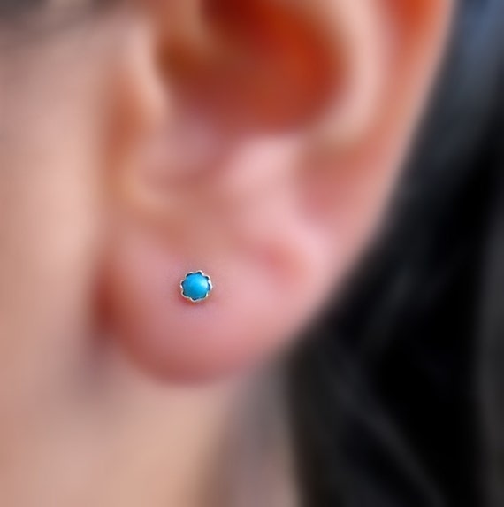 Stud Earrings 14K Yellow Gold Filled 3mm Turquoise ONE