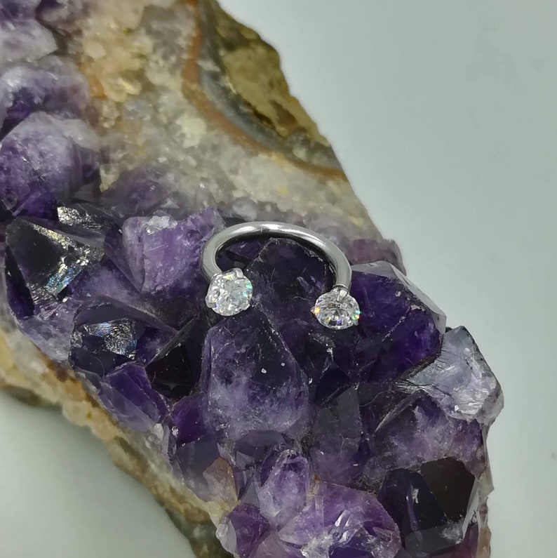 May include: A silver horseshoe-shaped body piercing with two clear round gemstones on each end.