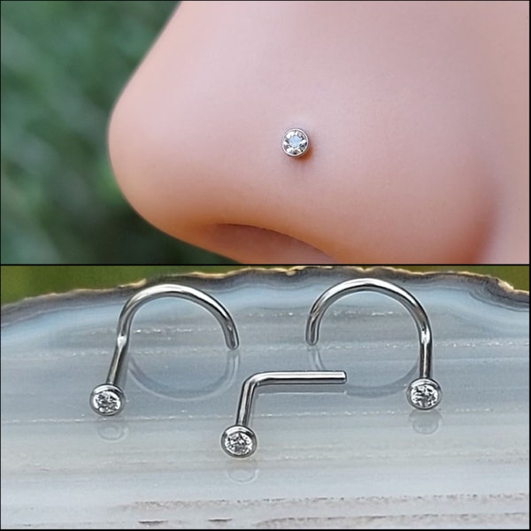 IMPLANT GRADE TITANIUM Nose Ring Stud 20/18 Gauge - Tiny 1.5 mm Round Bezel Cz - Nose Jewelry - Nose Piercing - Diamond Look Nose Stud