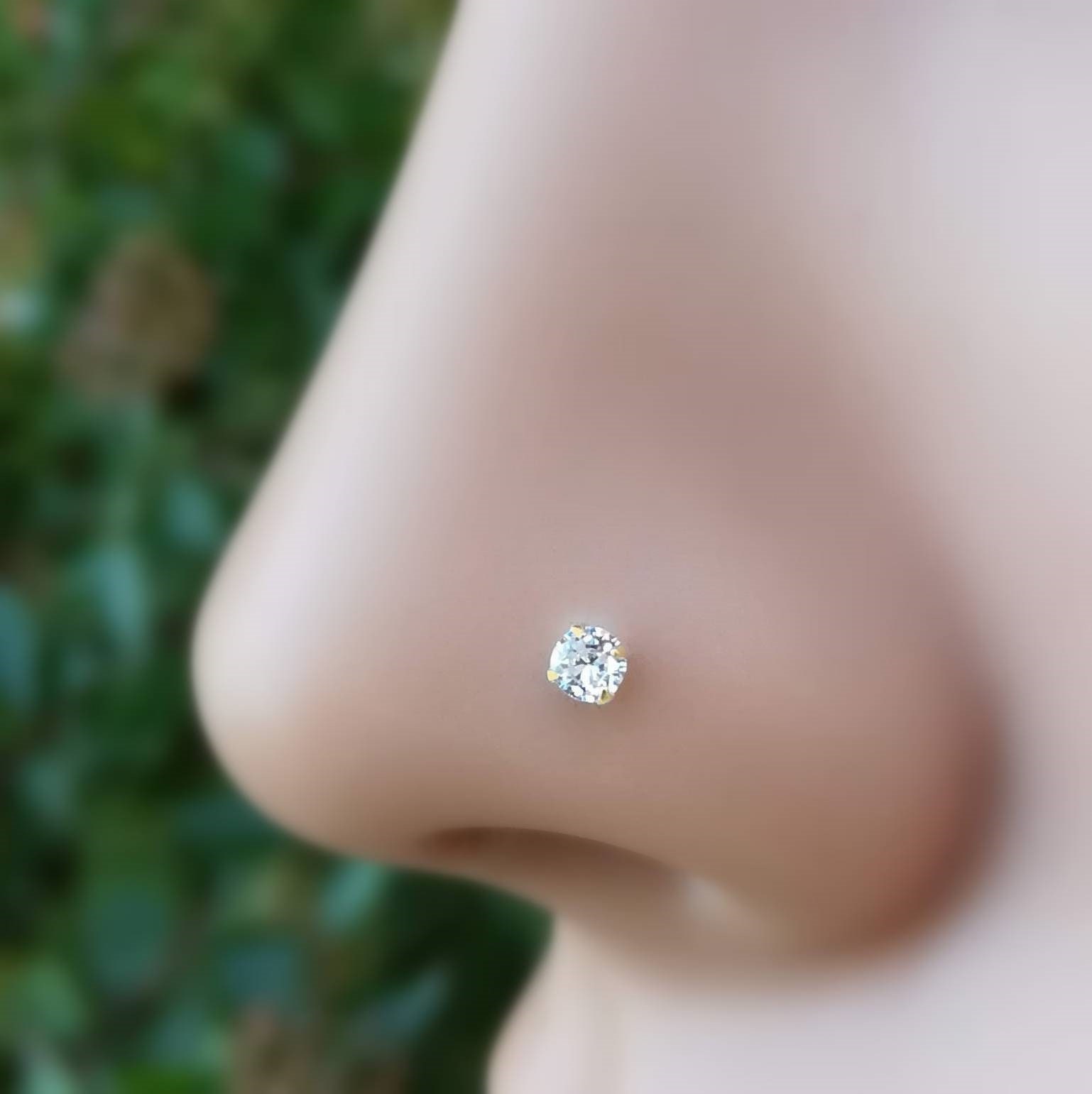 14k Solid Gold Nose Stud with Diamond CZ Small Micro Nose Bone Stud Fl –  Massete