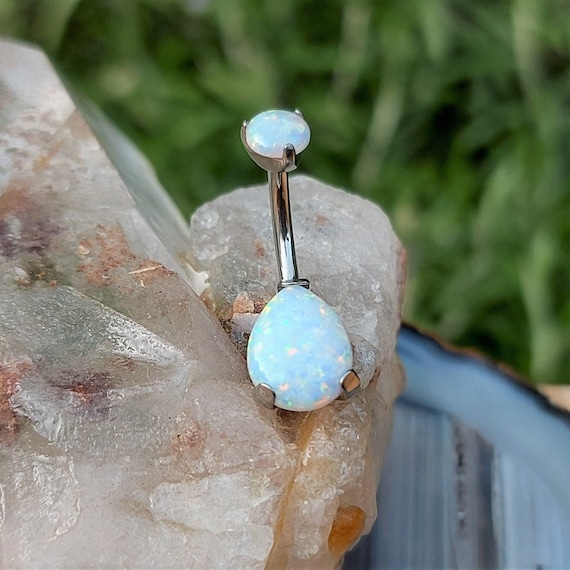 Implant Grade Titanium White Opal Internally Threaded Belly Ring Implant Grade Titanium White Opal Internally Threaded Belly Ring