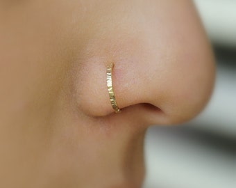 Nose Cuff - FAKE Nose Ring - Nose Hoop - Fake Piercings - Textured 14K Yellow or Rose Gold Filled - Sterling Silver - Non Pierced