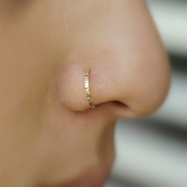 Nose Cuff - FAKE Nose Ring - Nose Hoop - Fake Piercings - Textured 14K Yellow or Rose Gold Filled - Sterling Silver - Non Pierced