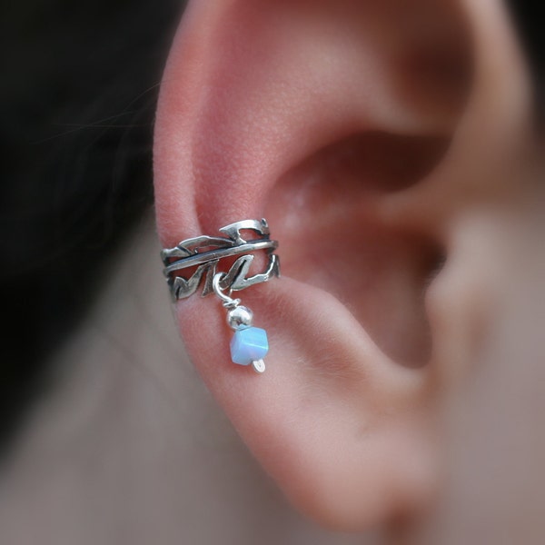 Sterling Silver Handcrafted Leaf Textured Opal Ear Cuff Cartilage/catchless/helix
