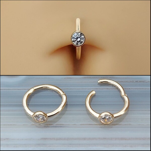 14K Solid Gold Clicker Belly Button Ring CZ - 16 Gauge 8mm - Belly Button Hoop - Belly Ring - Belly Piercing - Body Jewelry - Navel Ring