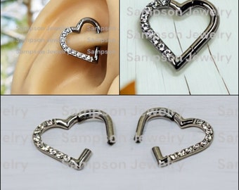 Titanium CZ Heart Clicker Ring, 16 Gauge Hypoallergenic Piercing