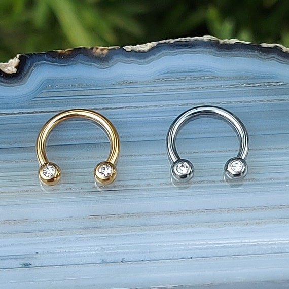 Gold Titanium Tragus Rook Daith Lip Horseshoe Ring Clear Crystal Balls 16 gauge 