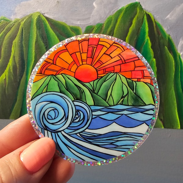 Round Sticker Tropical Island Mountain, ocean and waves