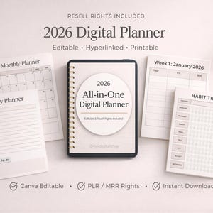 Könnte beinhalten: Ein digitaler Planer für 2026, mit einem zentralen Tablet, das "2026 All-in-One Digital Planner" anzeigt. Er ist von Planungsseiten umgeben, wie einem Monatskalender, einem Tagesplaner und einem Gewohnheitstracker. Der Text "Resell Rights Included" ist ebenfalls enthalten.