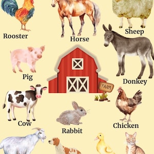 Könnte beinhalten: Eine illustrierte Tafel mit dem Titel "Haustiere" zeigt einen Hahn, ein Pferd, ein Schaf, ein Schwein, einen Esel, eine Kuh, ein Huhn, ein Kaninchen, eine Ziege, einen Hund, eine Ente und eine Katze. Eine rote Scheune ist in der Mitte.