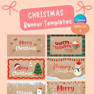 May include: A digital download bundle of six Christmas banner templates. Each banner features festive designs with text like "Merry Christmas" and "Warm Wishes." The templates include illustrations of a snowman, Christmas tree, and polar bear.