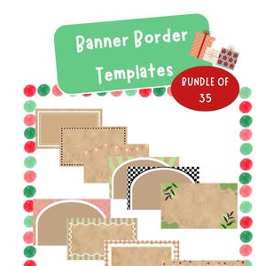 Puede incluir: Una colecci&oacute;n de plantillas de bordes de banner con varios dise&ntilde;os, incluyendo bordes rectangulares, arqueados y festoneados. La imagen presenta un banner verde con el texto "Banner Border Templates" y un &oacute;valo rojo que dice "Bundle of 35".