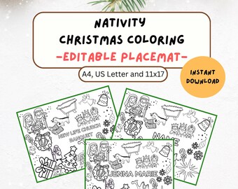 Sets de table de Noël sur le thème de la Nativité, imprimables et modifiables, pages à colorier de Noël, téléchargement immédiat