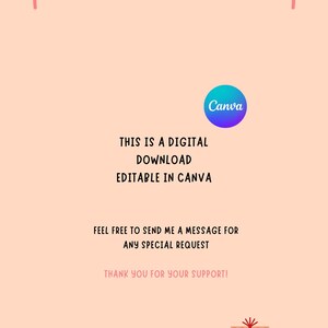 May include: A digital download graphic with the Canva logo, text stating it is editable in Canva, and a thank you message. The design features pink bows and gift box illustrations on a peach background.