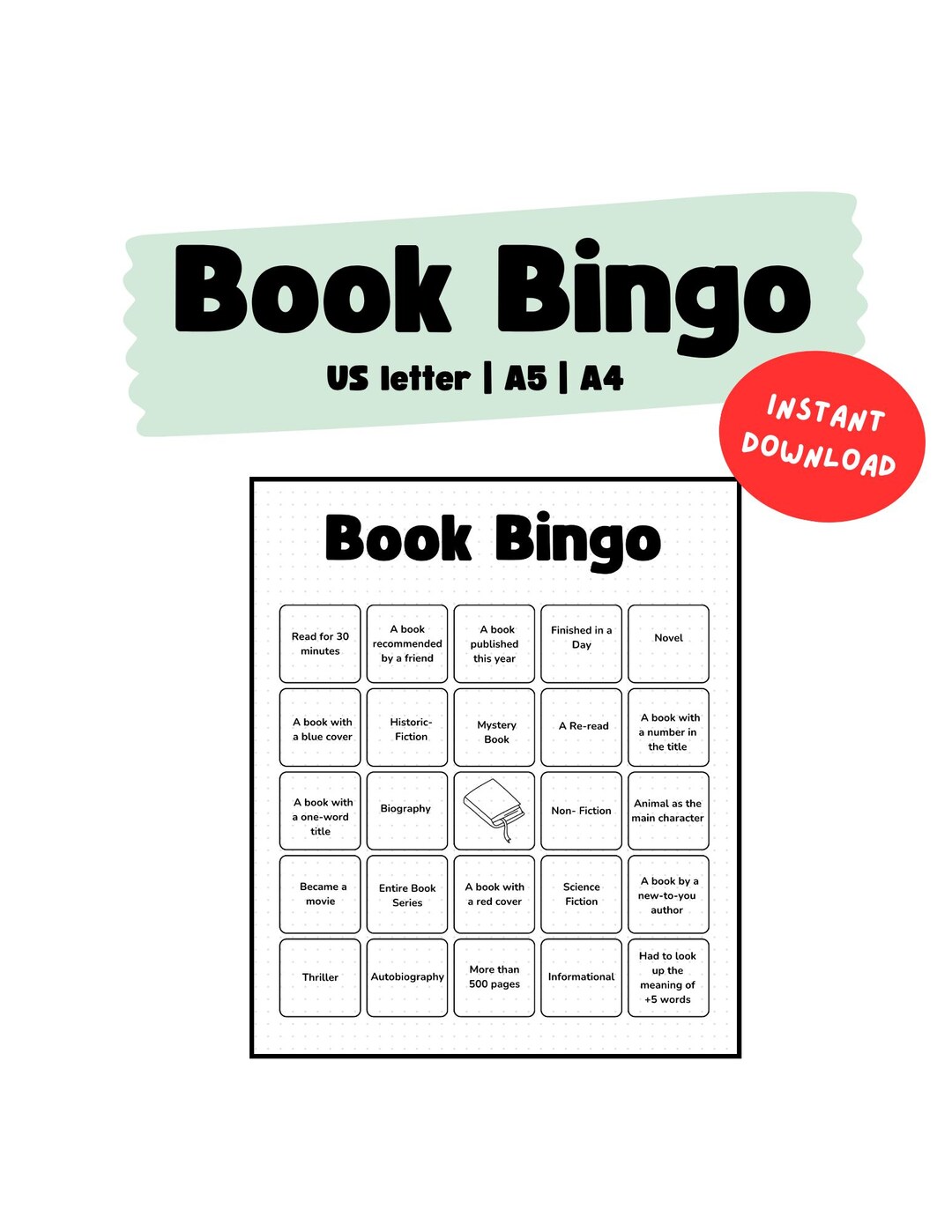 Book Bingo Printable | Reading Challenge Activity (PDF Download) - Etsy