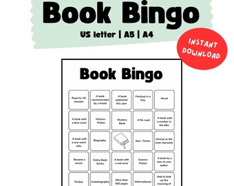 May include: A printable "Book Bingo" game card with a grid of reading challenges. The design includes the title "Book Bingo" in large black letters, with the text "US letter | A5 | A4" below. A red circle with "Instant Download" is also present.