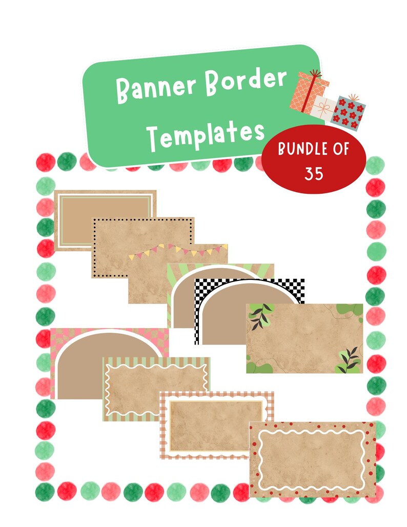 Puede incluir: Una colecci&oacute;n de plantillas de bordes de banner con varios dise&ntilde;os, incluyendo bordes rectangulares, arqueados y festoneados. La imagen presenta un banner verde con el texto "Banner Border Templates" y un &oacute;valo rojo que dice "Bundle of 35".