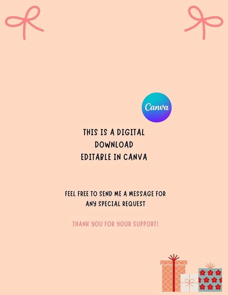 Puede incluir: Gr&aacute;fico de descarga digital con el logotipo de Canva, texto que indica que es editable en Canva y un mensaje de agradecimiento. El dise&ntilde;o presenta lazos rosas e ilustraciones de cajas de regalo sobre un fondo melocot&oacute;n.