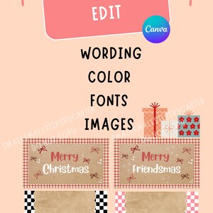 Puede incluir: Una plantilla de dise&ntilde;o digital con la palabra "EDIT" en un rect&aacute;ngulo rosa, y las palabras "WORDING COLOR FONTS IMAGES". Dos dise&ntilde;os navide&ntilde;os dicen "Merry Christmas" y "Merry Friendsmas". El fondo es melocot&oacute;n.