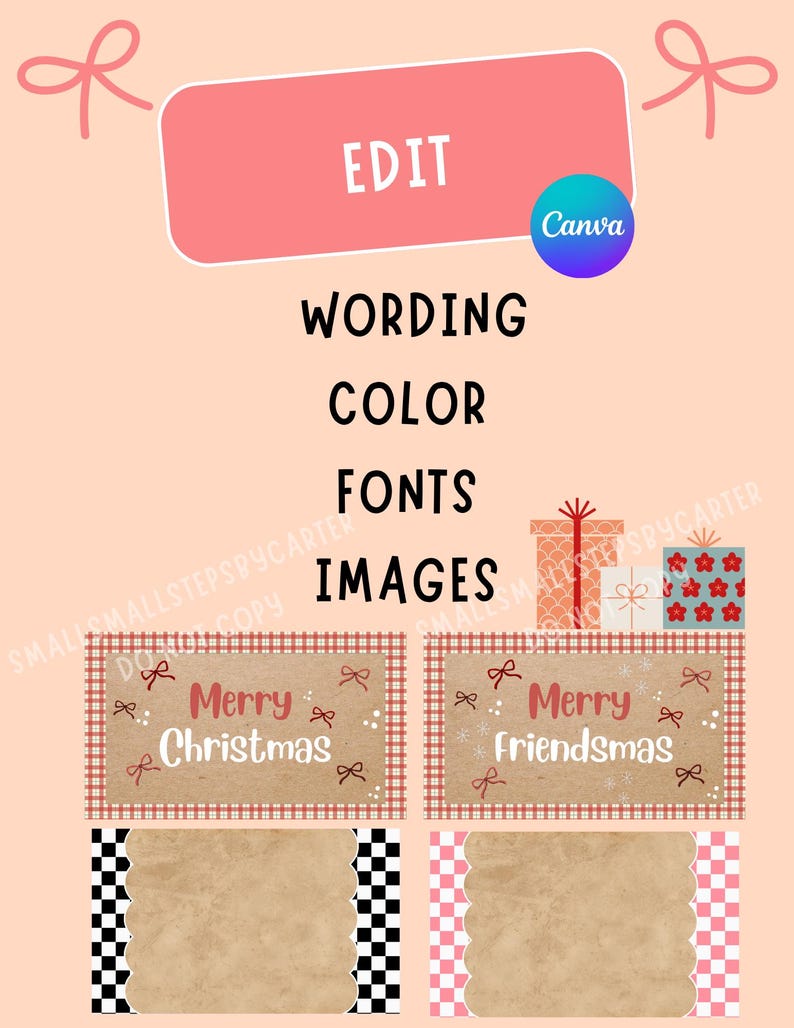Puede incluir: Una plantilla de dise&ntilde;o digital con la palabra "EDIT" en un rect&aacute;ngulo rosa, y las palabras "WORDING COLOR FONTS IMAGES". Dos dise&ntilde;os navide&ntilde;os dicen "Merry Christmas" y "Merry Friendsmas". El fondo es melocot&oacute;n.
