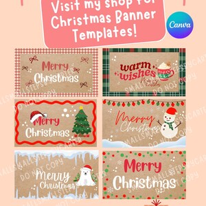 Puede incluir: Un banner rosa con el texto "&iexcl;Visita mi tienda para plantillas de banners navide&ntilde;os!" Se muestran varias plantillas de banners navide&ntilde;os, con dise&ntilde;os festivos y texto como "Merry Christmas" y gr&aacute;ficos navide&ntilde;os.