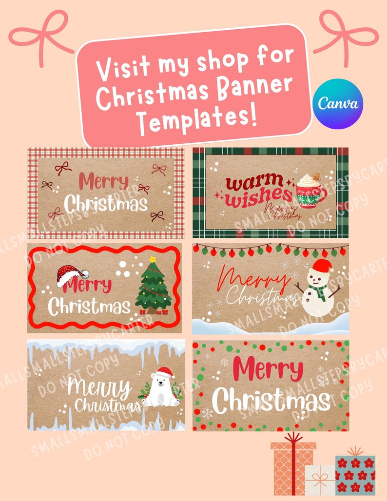 Puede incluir: Un banner rosa con el texto "&iexcl;Visita mi tienda para plantillas de banners navide&ntilde;os!" Se muestran varias plantillas de banners navide&ntilde;os, con dise&ntilde;os festivos y texto como "Merry Christmas" y gr&aacute;ficos navide&ntilde;os.