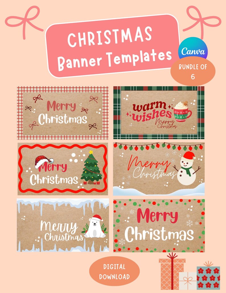 May include: A digital download bundle of six Christmas banner templates. Each banner features festive designs with text like "Merry Christmas" and "Warm Wishes." The templates include illustrations of a snowman, Christmas tree, and polar bear.