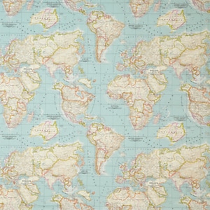 tela de mapa mundial, tela de mapa, tela mundial, tela azul, medio patio, yardas, tela azul hielo, tela de menta, suministro artesanal, tela de mapa azul