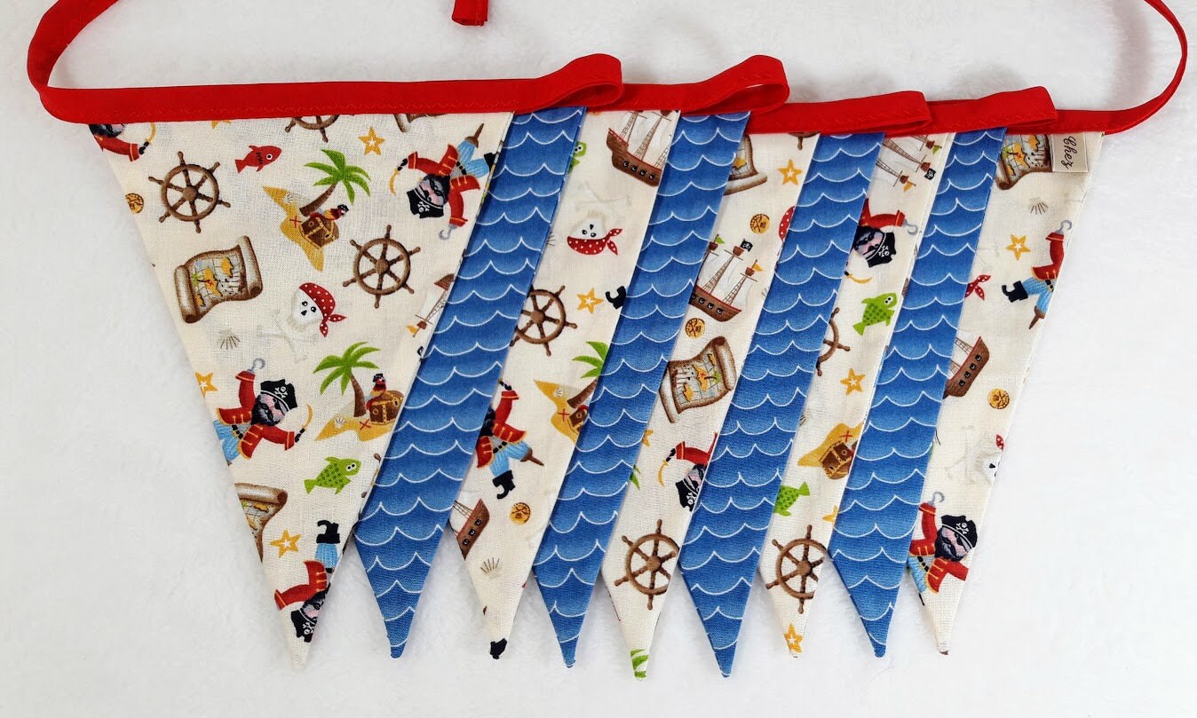 Pirate Bunting, Pirate Fabric Décor, Flag Jolly Roger Treasure Map Bunting