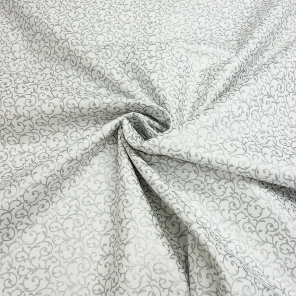 Christmas fabric, half yard, silver fabric, John Louden fabric, metallic fabric, fabric swirls, White and silver fabric, Christmas swirls