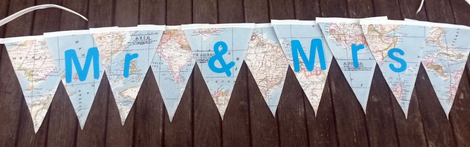 Bunting en Tissu de Mariage, Décor M. et mme, Bunting Personnalisé, Voyage, Carte, Mariée