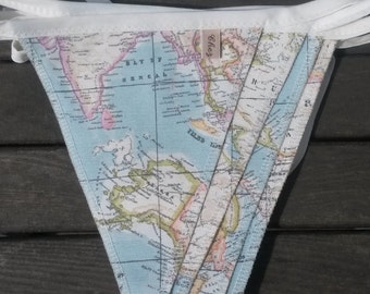 map bunting, map decor, world map decor, world map bunting, map fabric bunting, travel bunting, globe bunting, atlas bunting