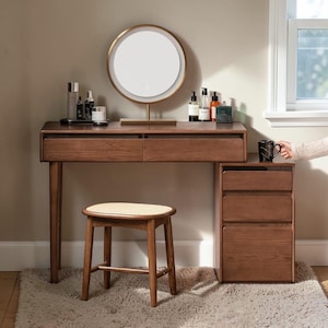 Oak Wood Vanity Desk with Dresser | Modern Mid-Century Walnut Makeup Table