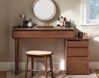 Oak Wood Vanity Desk with Dresser | Modern Mid-Century Walnut Makeup Table