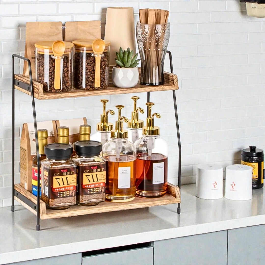 Wooden Kitchen Counter Shelf, Coffee Caddy and Condiment Organizer ...
