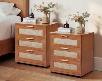 Set of 2 Rattan Nightstands | Boho Wooden Bedside Tables With Drawers