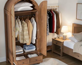 Modern Walnut Armoire | Arched Fluted Doors, Drawers, Clothes Storage Cabinet
