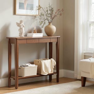 Mid Century Modern Wood Console Table with Drawers | Walnut Entryway Hallway Furniture