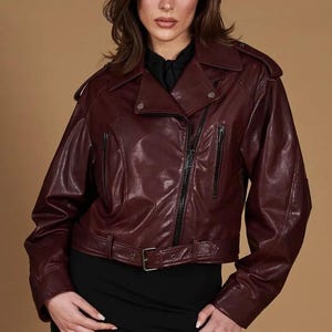 Bordeaux Leather Biker Jacket: Vintage Oversized Lambskin Moto