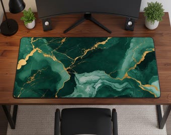 Emerald Green Marble Desk Mat, Gold Veins, Luxury Office Pad, Extended Mouse Pad